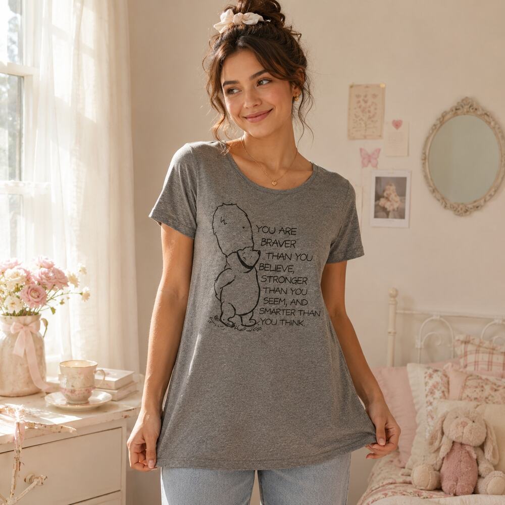 Disney Parks Winnie the Pooh Graphic Women Tee Top Sz M Lace Back Whimsical Cozy